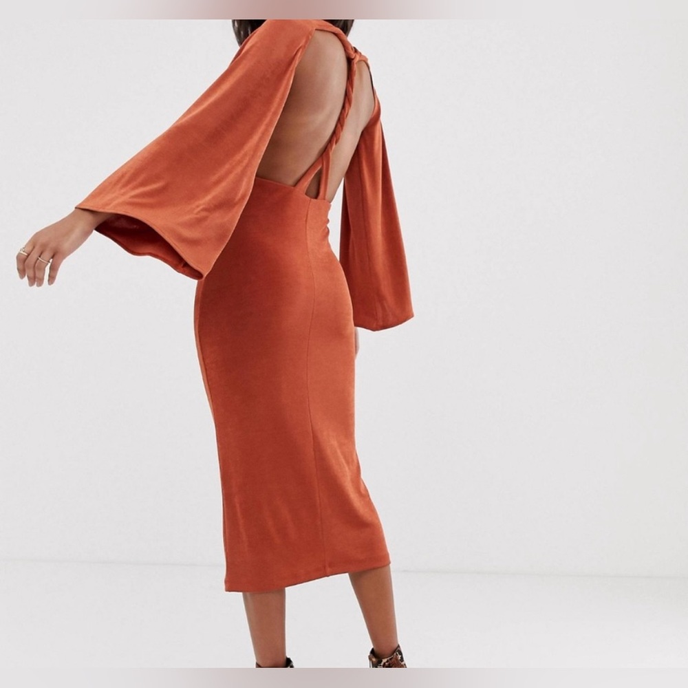 ASOS Design Midi dress in rusty orange, size 2, backless, twist back, slinky